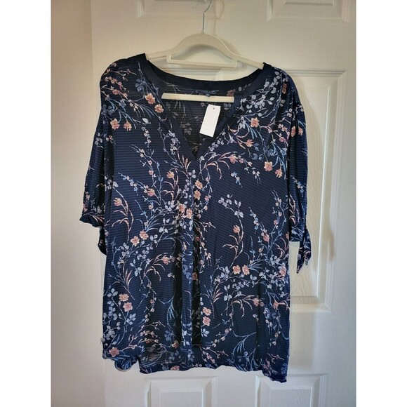 Lucky Brand Sheer Blouse Navy with Floral Pattern Size 1X - Picture 1 of 3